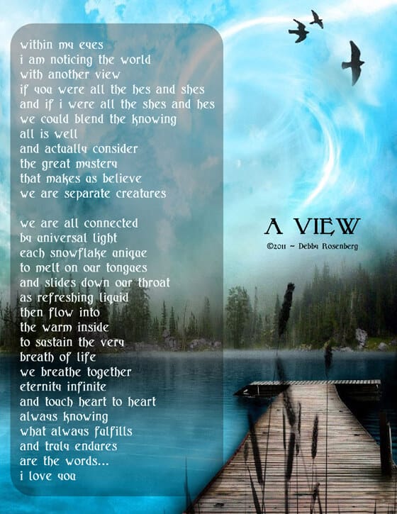 Beautiful blue lake with a wooden pier and birds in the sky