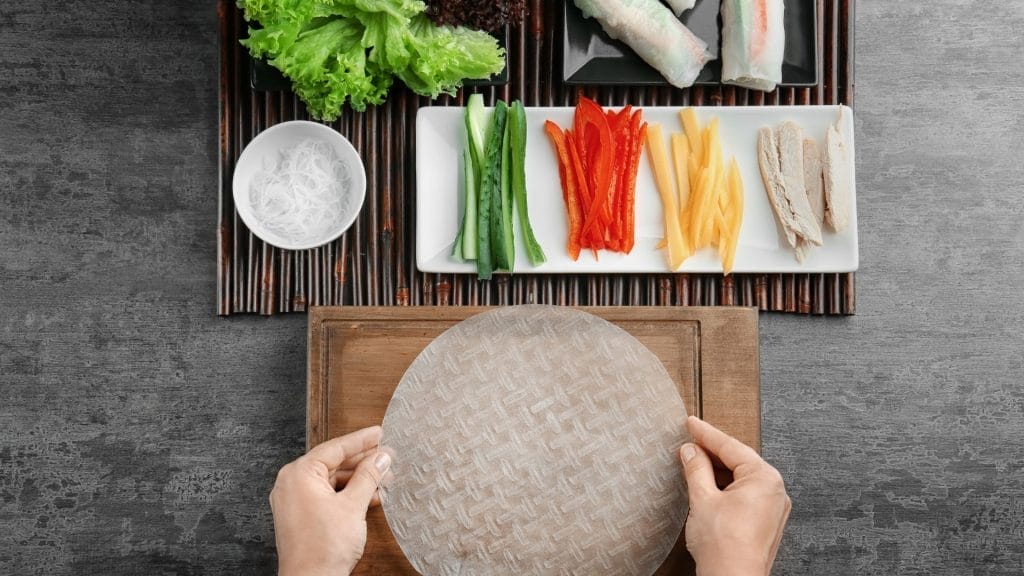 assembling Vegan Vietnamese spring rolls